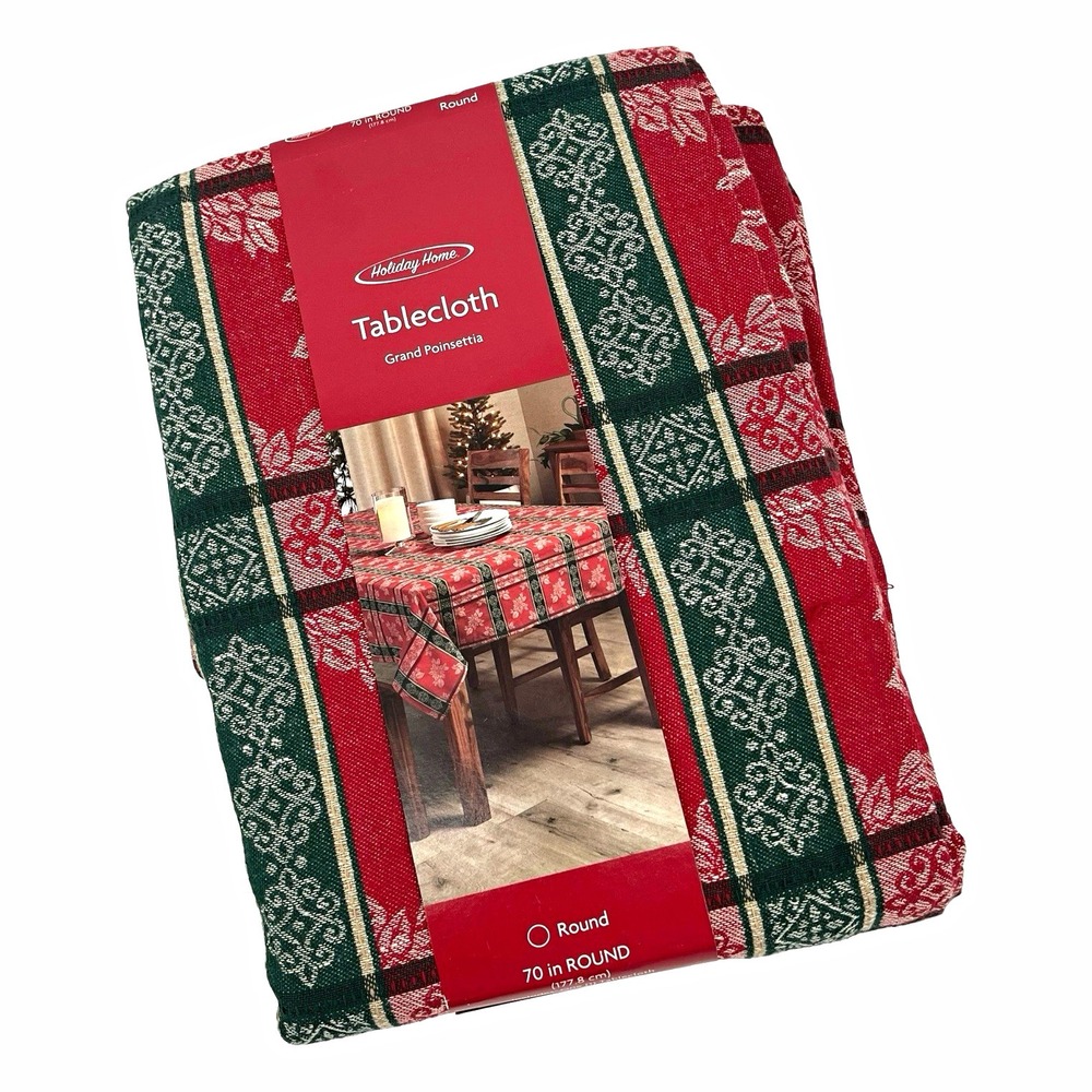 Holiday Home Grand Poinsettia 70" Round Christmas Tablecloth Red Green Cotton